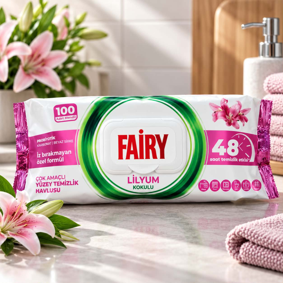 FAIRY WIPES – drėgnos universalios valymo servetėlės lelijų kvapo, 100 vnt.