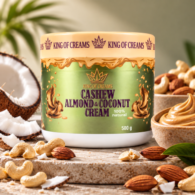 King of Creams Anakardžių ir Migdolų kremas su kokoso drožlėmis (Riešutų kremas) 500 g King of Creams Anakardžių ir Migdolų kremas su kokoso drožlėmis (Riešutų kremas) 500 g