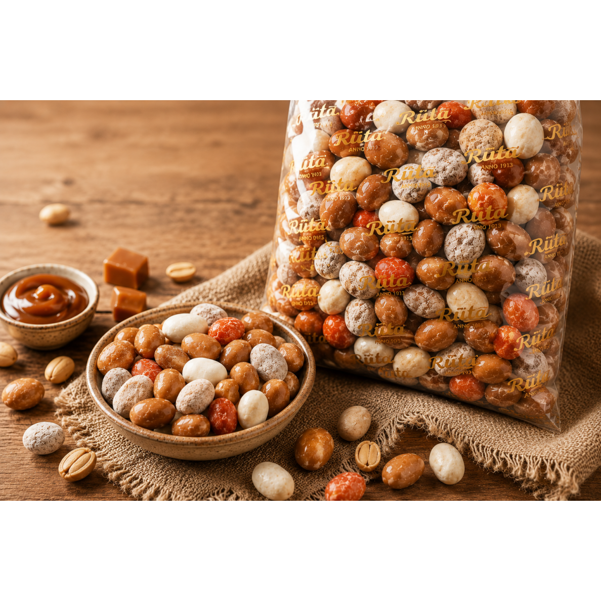 Saldainiai "ŽEMĖS RIEŠUTAI SU KARAMELINIU GLAISTU" (laužas), 300 g