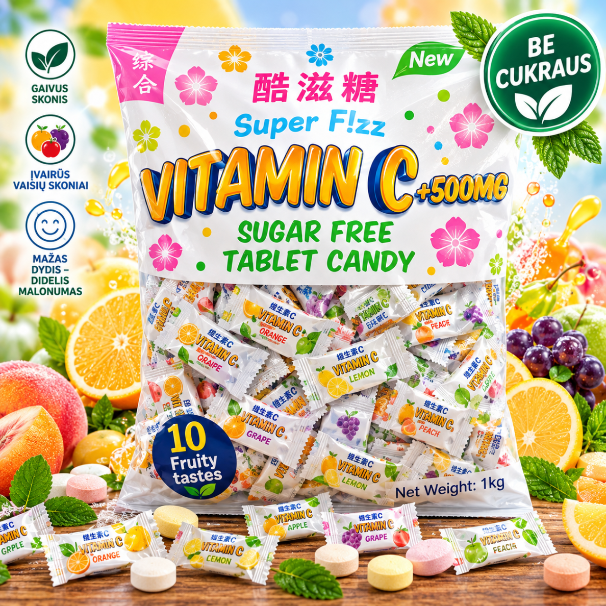 Saldainiai be cukraus "MINI VAISINUKAI su vitaminu C", 1kg (be mėtos) Saldainiai be cukraus "MINI VAISINUKAI su vitaminu C", 1kg (be mėtos)
