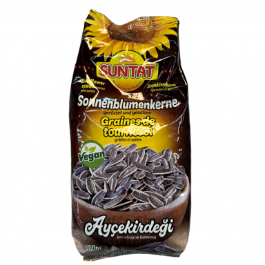 Skrudintos tamsios saulėgrąžos su druska SUNTAT, 400 g Skrudintos tamsios saulėgrąžos su druska SUNTAT, 400 g