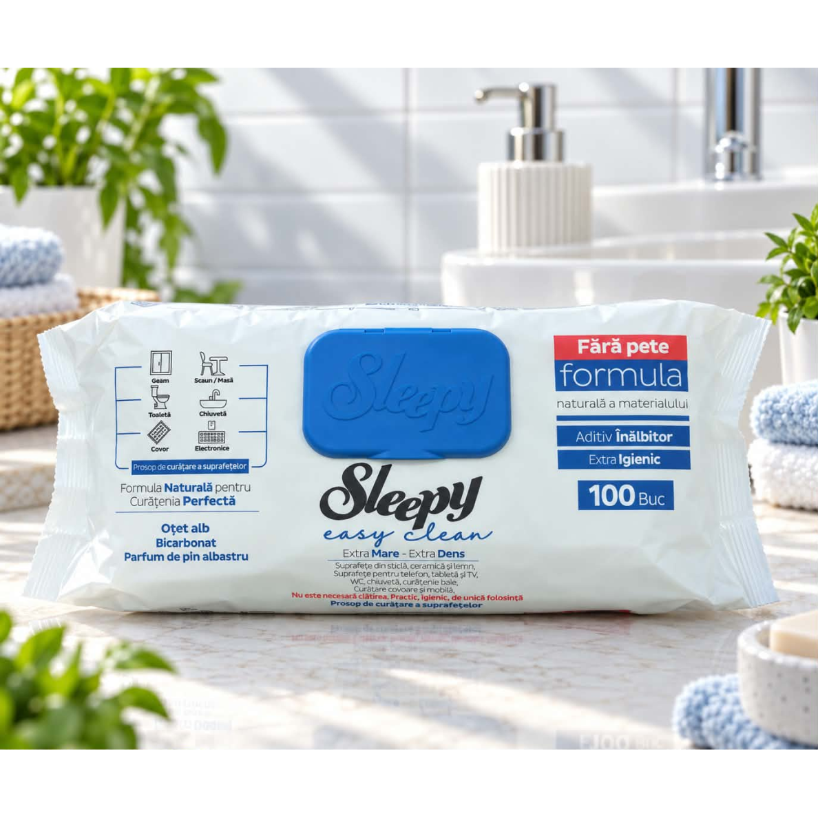 Sleepy Easy Clean – drėgnos paviršių valymo servetėlės balto muilo, 100 vnt.