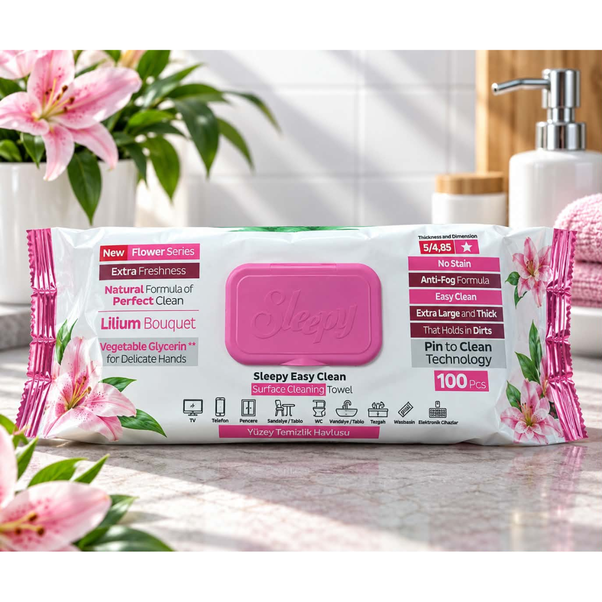 Sleepy Easy Clean – paviršių valymo servetėlės „Lilija“, 100 vnt.